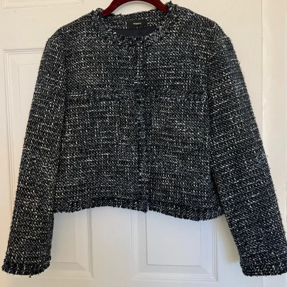 Theory New Blue & White Tweed Cropped Collarless Jacket Size 10 - Picture 3 of 13